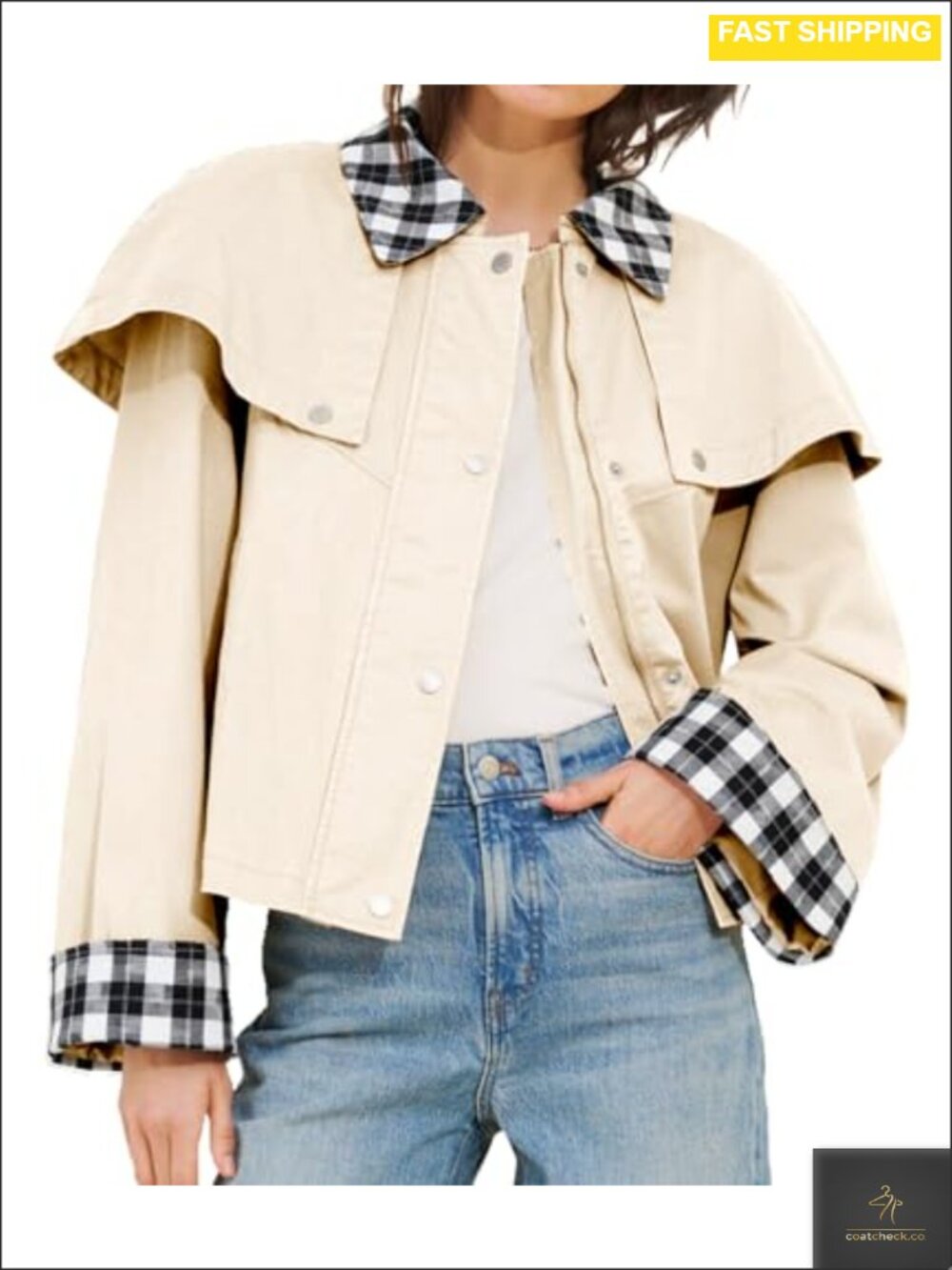 Womens Cropped Trench Coat Lightweight Gingham Cape Jacket